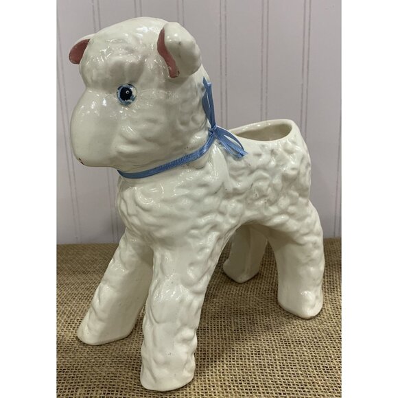 Vintage Ceramic Lamb Planter With Blue Bow & Pink Ears - Picture 5 of 7